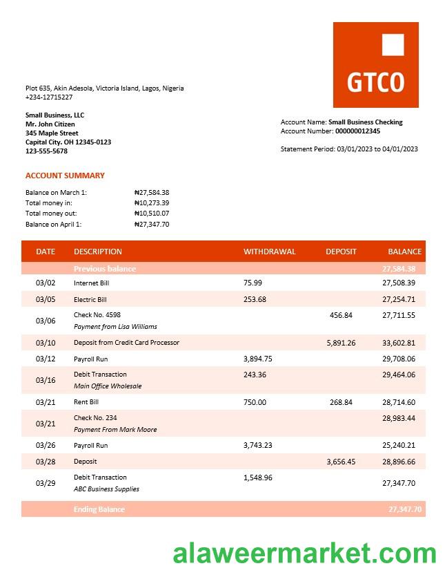 GT Bank organization checking account statement Word and PDF template